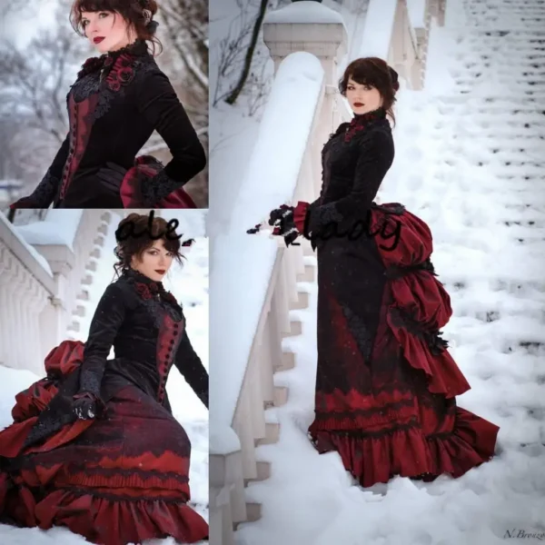 Gothic Wedding Dresses: Black Burgundy Victorian Dress with Velvet Jacket