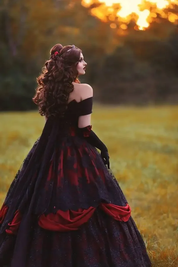 Gothic Red Black Lace Wedding Gown Off Shoulder Plus Size Corset - Image 3
