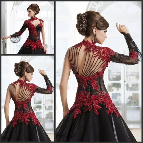 Gothic Wedding Dresses: Red and Black Appliqué Beaded Bridal Gown