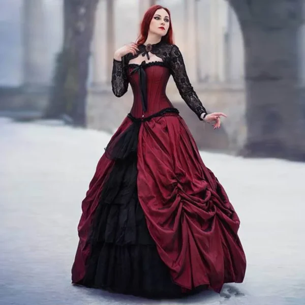 Red and Black Gothic Wedding Dress with Long Sleeve Jacket Corset - Image 2