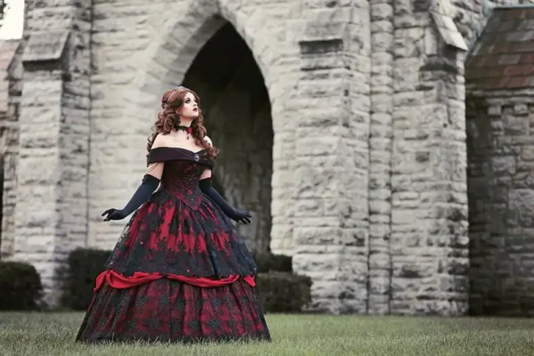 Gothic Red Black Lace Wedding Gown Off Shoulder Plus Size Corset - Image 2