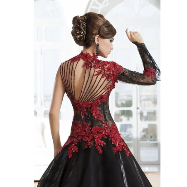 Gothic Wedding Dresses: Red and Black Appliqué Beaded Bridal Gown - Image 3