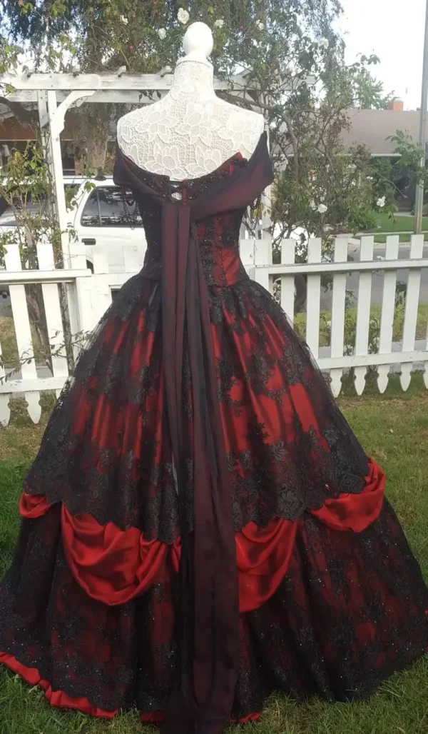Gothic Red Black Lace Wedding Gown Off Shoulder Plus Size Corset - Image 6