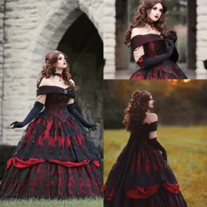 Gothic Red Black Lace Wedding Gown Off Shoulder Plus Size Corset