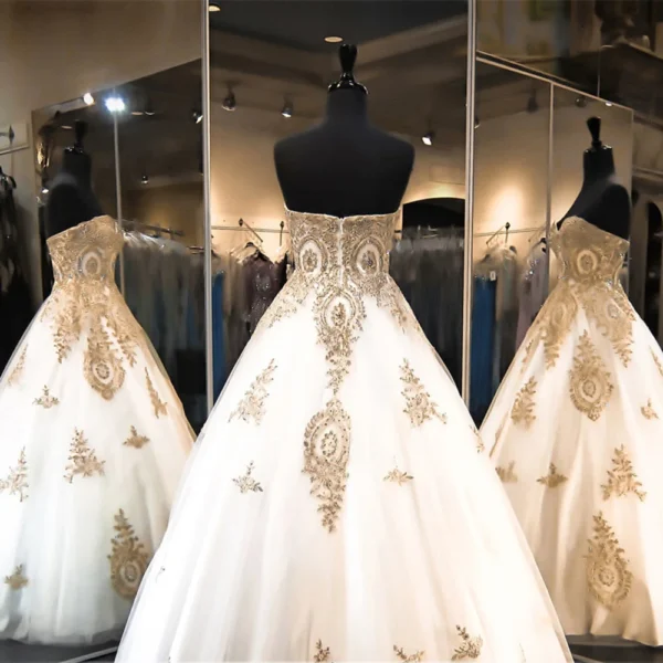 White Gold Gothic Lace Ball Gown Princess Wedding Dress Floor Length - Image 2