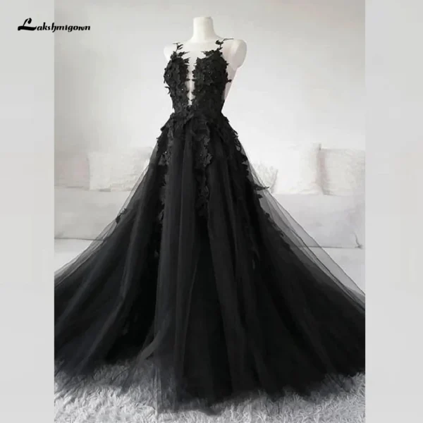 Gothic Wedding Dresses: Floral Black Tulle Bridal Gown Plus Size