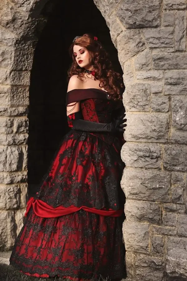Gothic Red Black Lace Wedding Gown Off Shoulder Plus Size Corset - Image 5