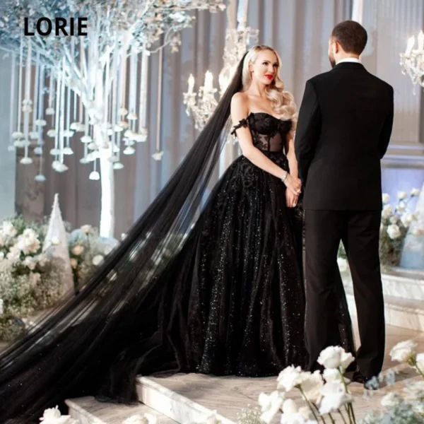 Gothic Wedding Dresses: Black Off-Shoulder Glitter Lace Ball Gown