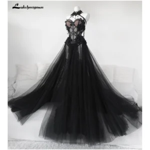 Gothic Black Long Wedding Dress Sexy Tulle Plus Size Gown Customized