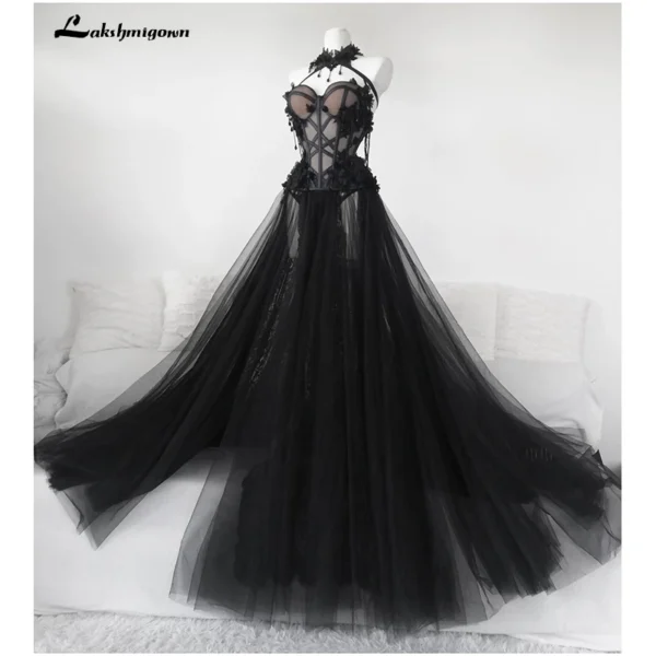 Gothic Black Long Wedding Dress Sexy Tulle Plus Size Gown Customized
