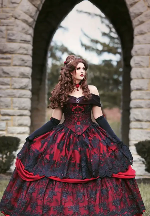 Gothic Red Black Lace Wedding Gown Off Shoulder Plus Size Corset - Image 4