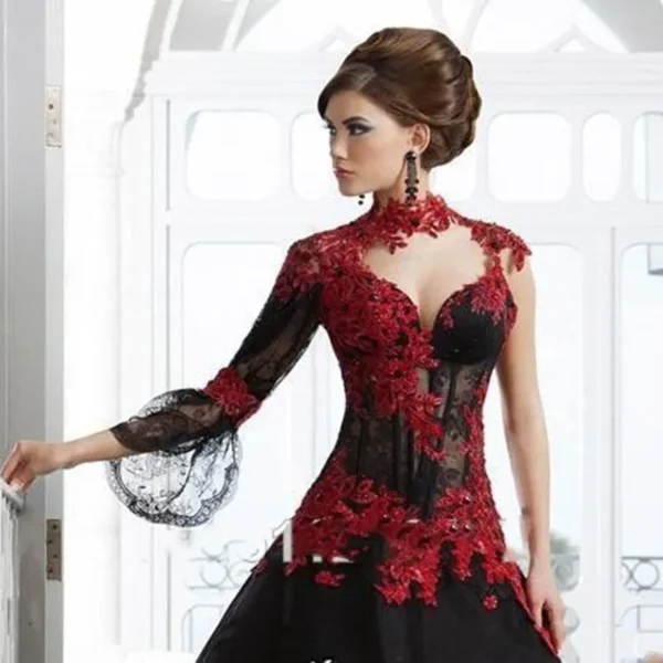 Gothic Wedding Dresses: Red and Black Appliqué Beaded Bridal Gown - Image 2