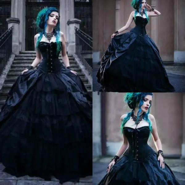 Gothic Wedding Dresses: Vintage Black Victorian Corset Punk Style Dress - Image 3