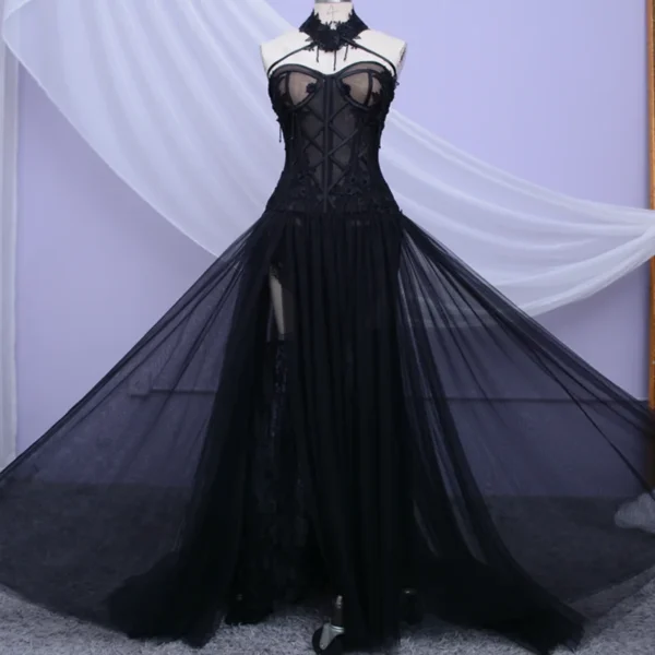 Gothic Black Long Wedding Dress Sexy Tulle Plus Size Gown Customized - Image 6