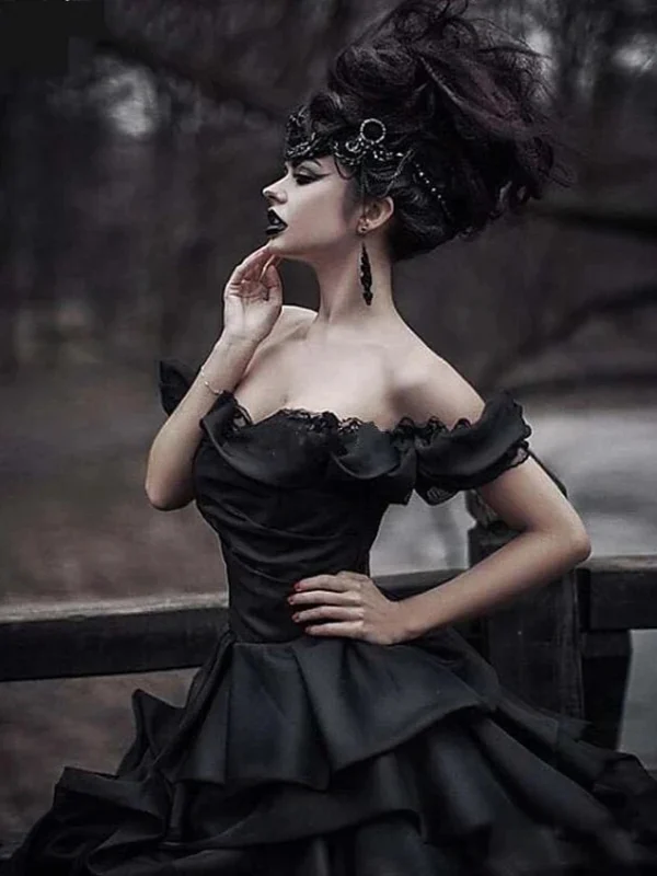 Black Gothic Wedding Dress Off-Shoulder Lace-up Corset Plus Size Bridal - Image 5