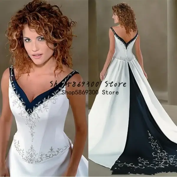 Gothic Wedding Dresses: Navy Blue Lace V-neck Beaded Bridal Gown