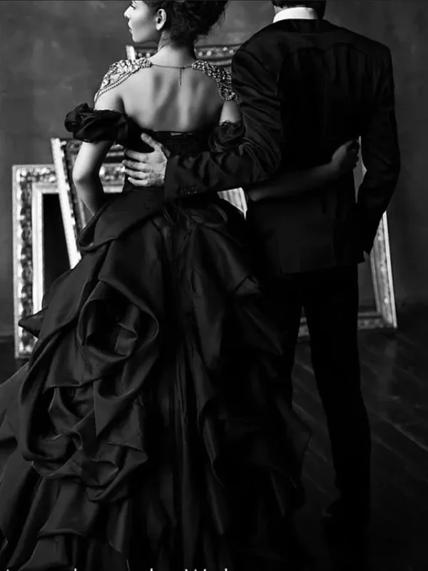 Black Gothic Wedding Dress Off-Shoulder Lace-up Corset Plus Size Bridal - Image 4
