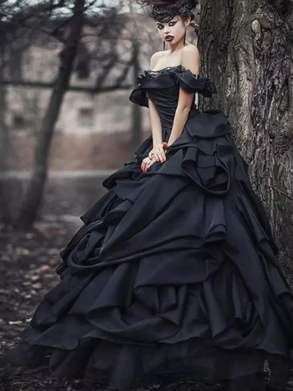 Black Gothic Wedding Dress Off-Shoulder Lace-up Corset Plus Size Bridal - Image 2