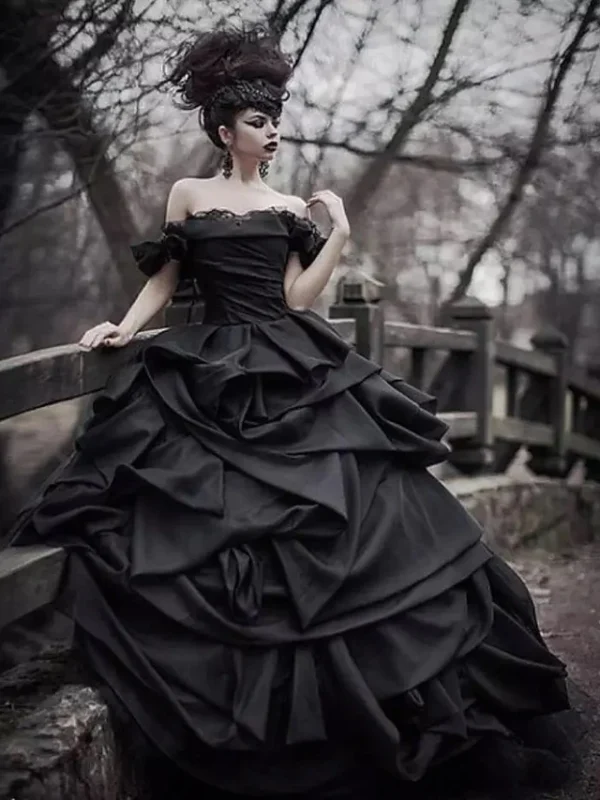 Black Gothic Wedding Dress Off-Shoulder Lace-up Corset Plus Size Bridal - Image 6