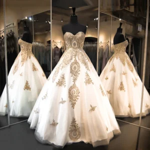 White Gold Gothic Lace Ball Gown Princess Wedding Dress Floor Length