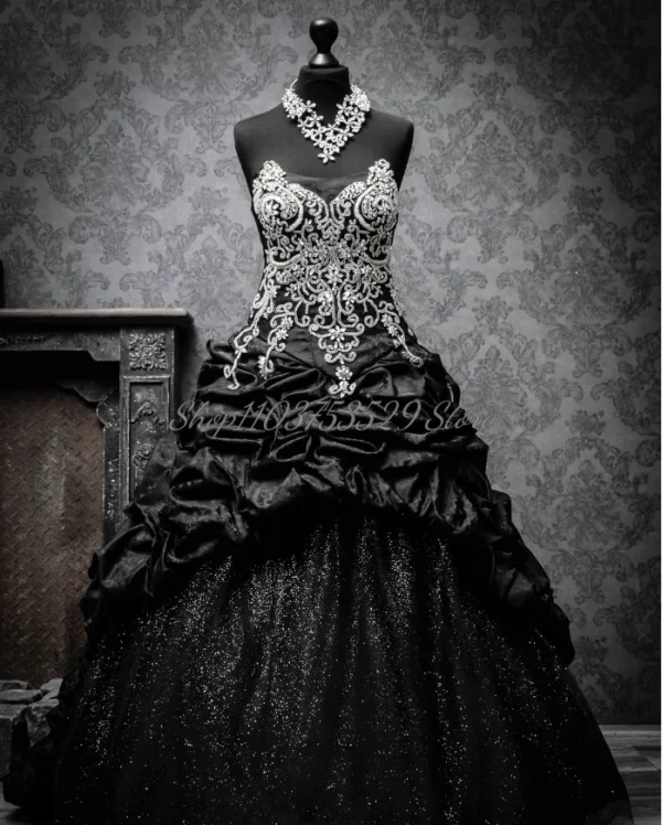 Exquisite Black Gothic Wedding Corset Sequins Lace-up Bridal Gown