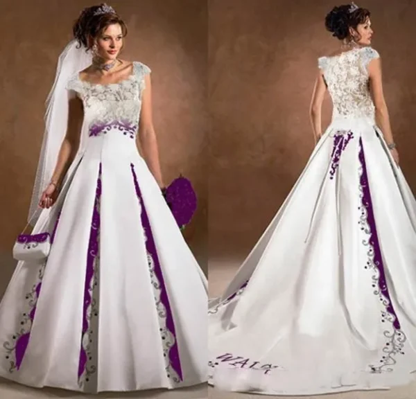 Gothic wedding dresses with satin, lace, embroidery, capped sleeves, train
