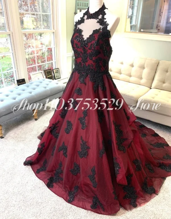 Gothic Wedding Dresses Burgundy Lace Appliques High Neck Sleeveless