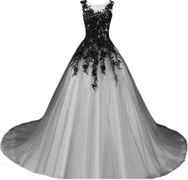 Gothic Wedding Dresses Black Ivory Applique Lace-Up Corset Gown - Image 2