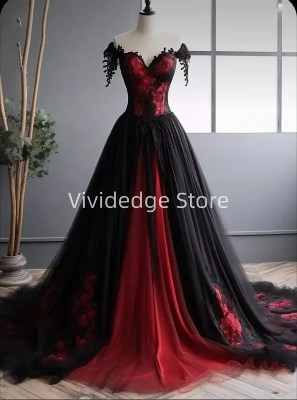 Gothic Wedding Dresses: Customized Black Red Off-Shoulder Lace Gown