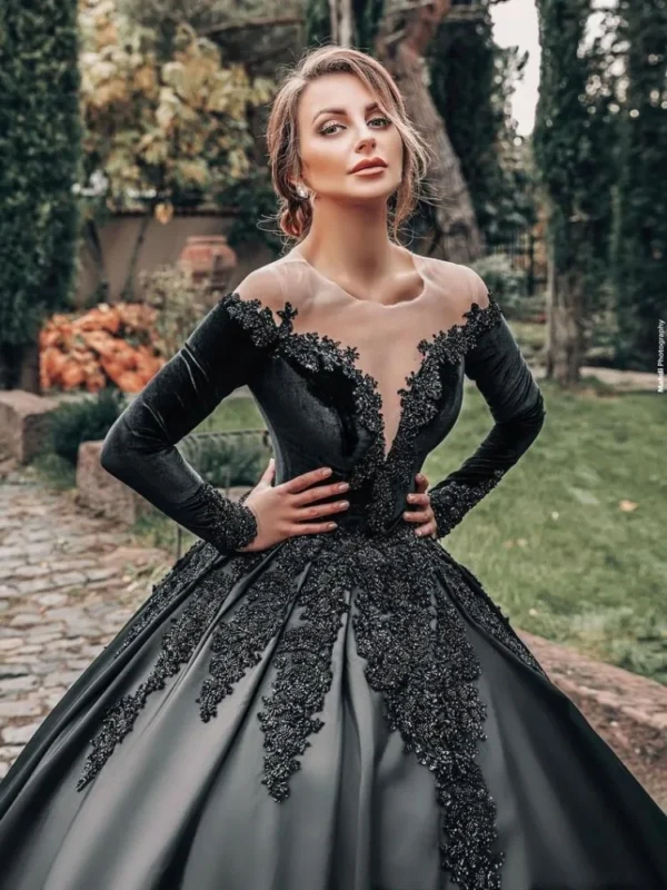 Elegant Gothic wedding dresses: Black satin, long sleeves, appliques