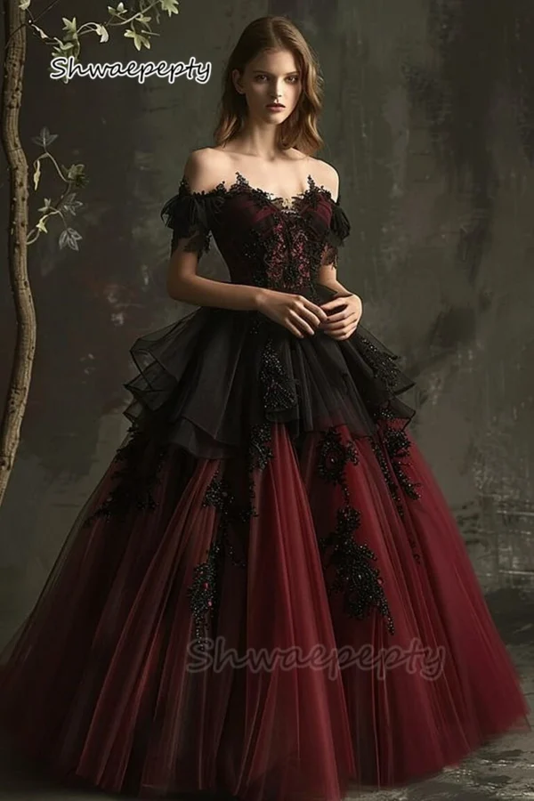 Gothic wedding dresses: Burgundy, black, off-shoulder, appliques, beaded, A-line gown