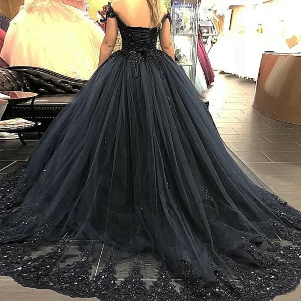 Gothic Black Wedding Dress Off The Shoulder Ball Gown Lace Appliques - Image 2