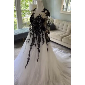 Black White Lace Wedding Dress Long Sleeve Gothic Bridal Gown