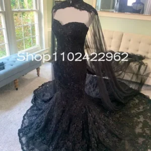 Black Gothic Mermaid Wedding Dress With Removable Cape Veil Train