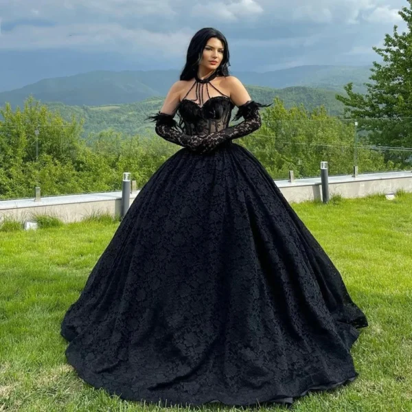 Gothic wedding dresses, black lace sweetheart halter neck vintage bridal gown