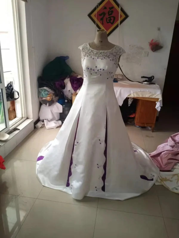 Gothic wedding dresses with satin, lace, embroidery, capped sleeves, train - Image 2