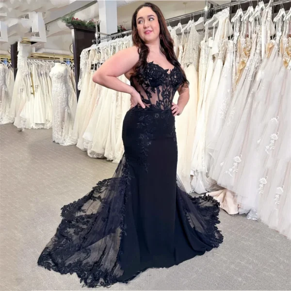 Black Boho Wedding Dress Lace Appliques Open Back Long Train - Image 2