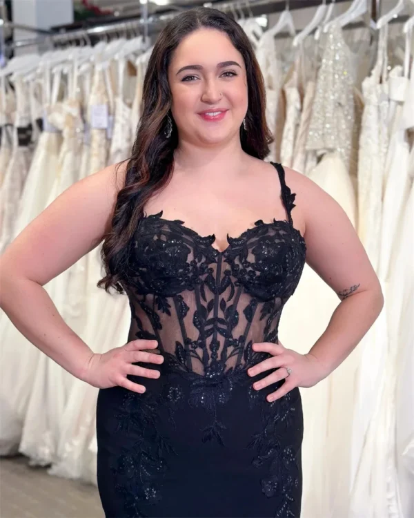 Black Boho Wedding Dress Lace Appliques Open Back Long Train - Image 3