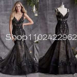 Black Over Nude Gothic Mermaid Wedding Dress Lace Backless Gown