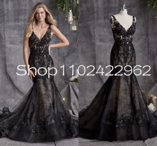 Black Over Nude Gothic Mermaid Wedding Dress Lace Backless Gown
