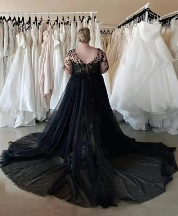 Gothic wedding dresses with detachable train and lace applique sleeves - Image 3