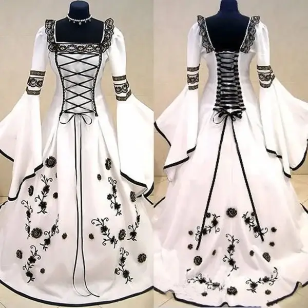 Gothic wedding dresses with black and white long sleeve corset gown