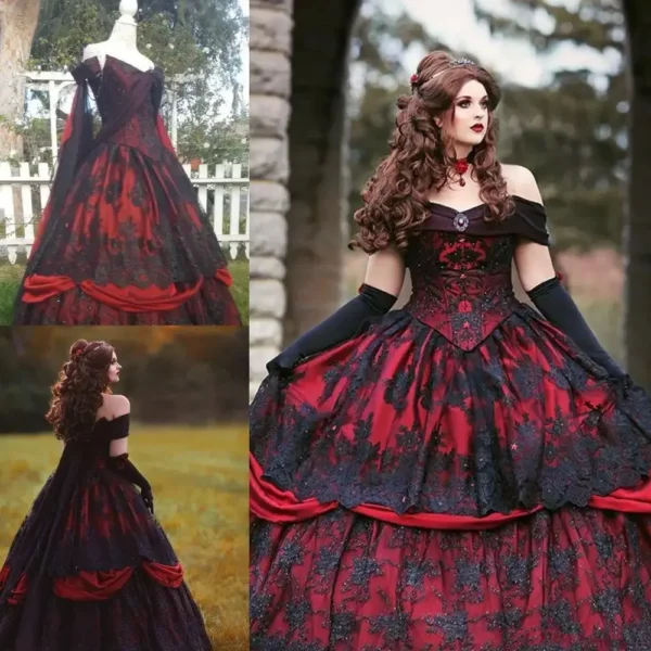Vintage Red Black Wedding Dress Plus Size Gothic Bride Gown - Image 3