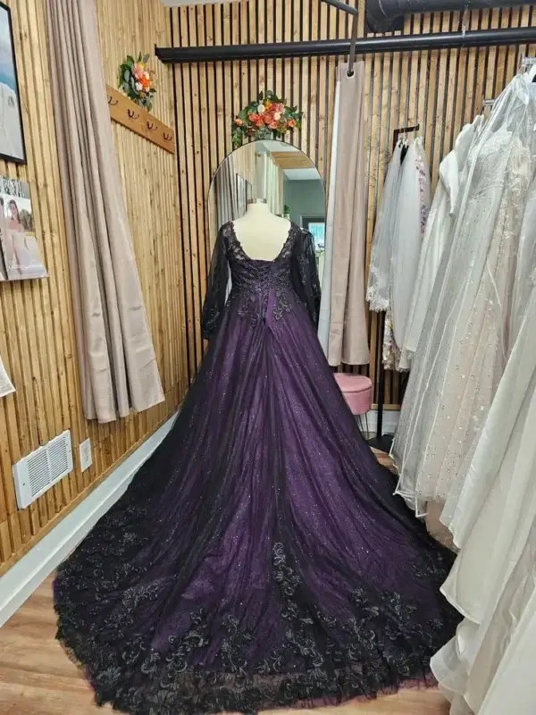 Gothic Wedding Dresses: Black & Purple Lace Corset Plus Size Gown - Image 3