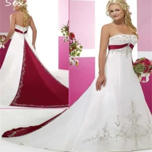 Embroidery Gothic Wedding Dress Red White Satin Bridal Gowns Plus Size
