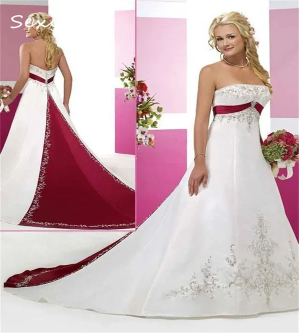 Embroidery Gothic Wedding Dress Red White Satin Bridal Gowns Plus Size