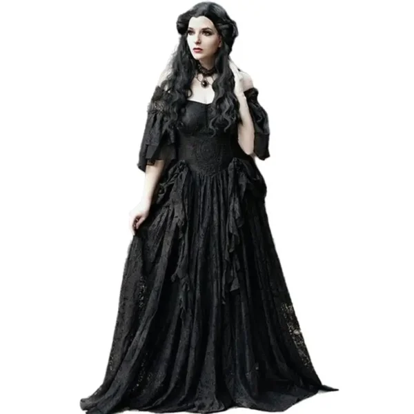 Victorian Gothic Black A-Line Lace Off-Shoulder Wedding Gown Customized - Image 2