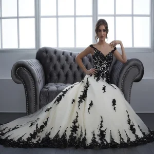 Gothic Wedding Dresses Black White Lace Rustic Boho Victorian Bride Gown