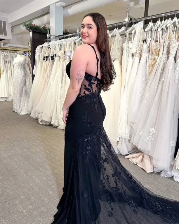 Black Boho Wedding Dress Lace Appliques Open Back Long Train - Image 4