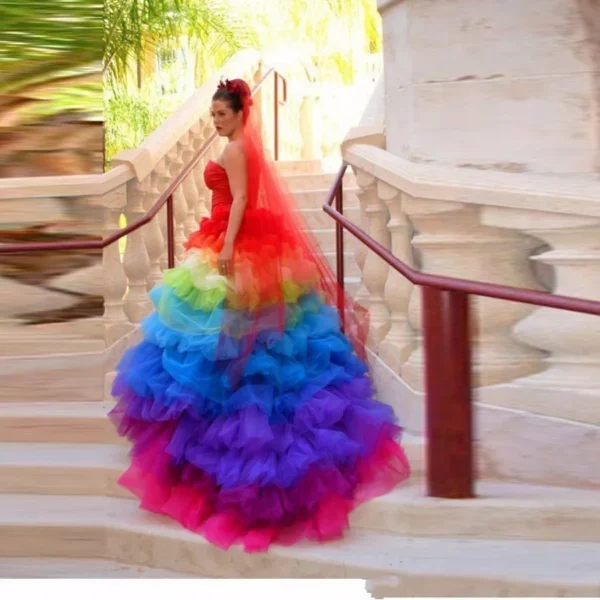 Creative Gothic Rainbow Wedding Dress Lace-Up Sweetheart Pleated Ruffles - Image 2